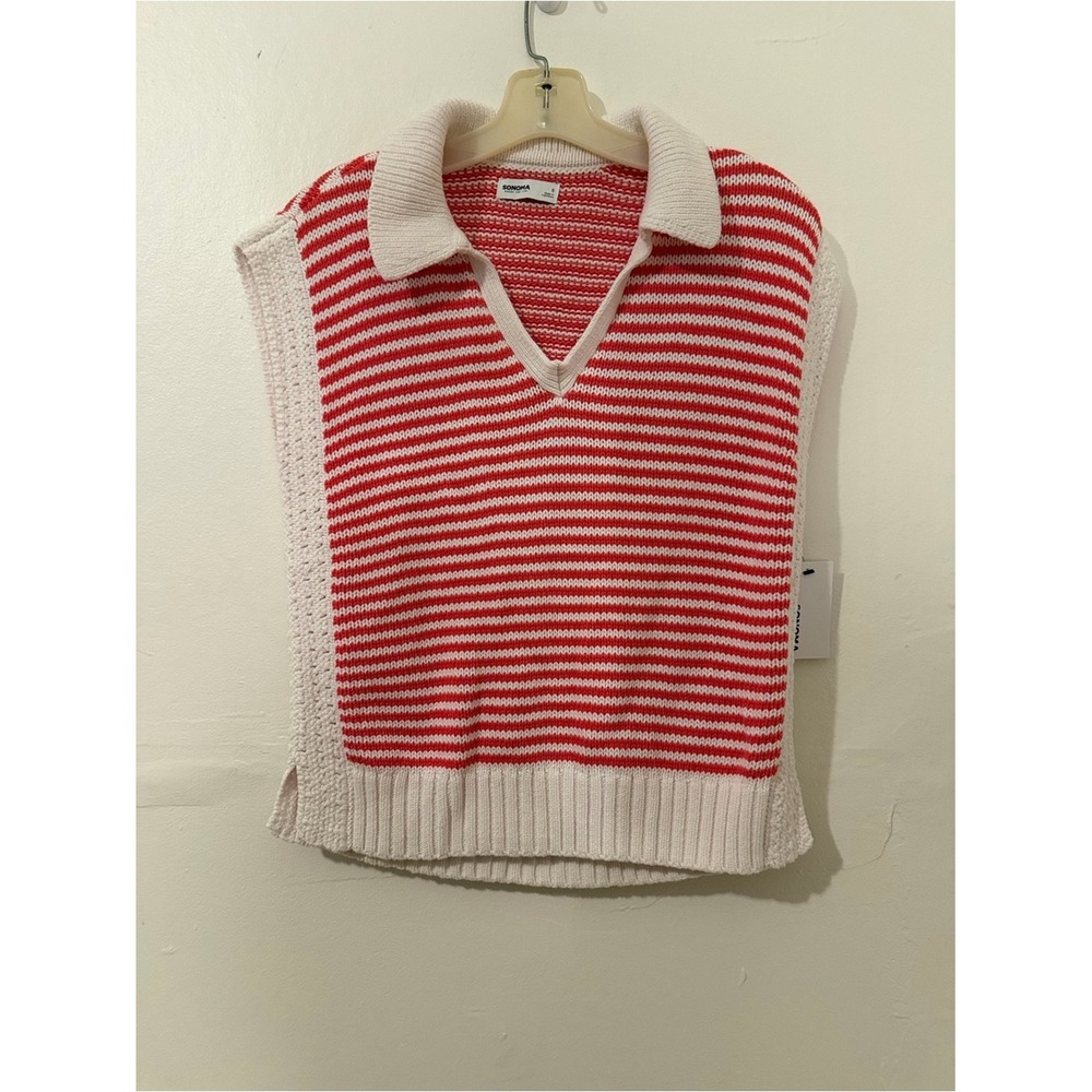 Sonoma Red and Cream Striped V-Neck Sweater Vest NEW